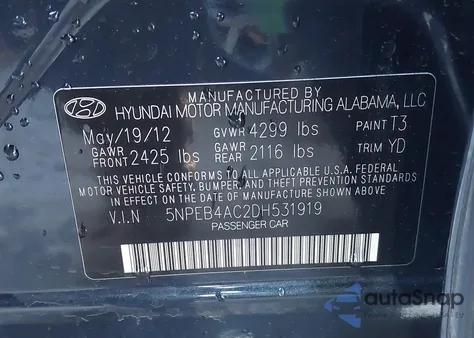 2013 Hyundai Sonata Gls z USA, uszkodzony, nr VIN 5NPEB4AC2DH531919